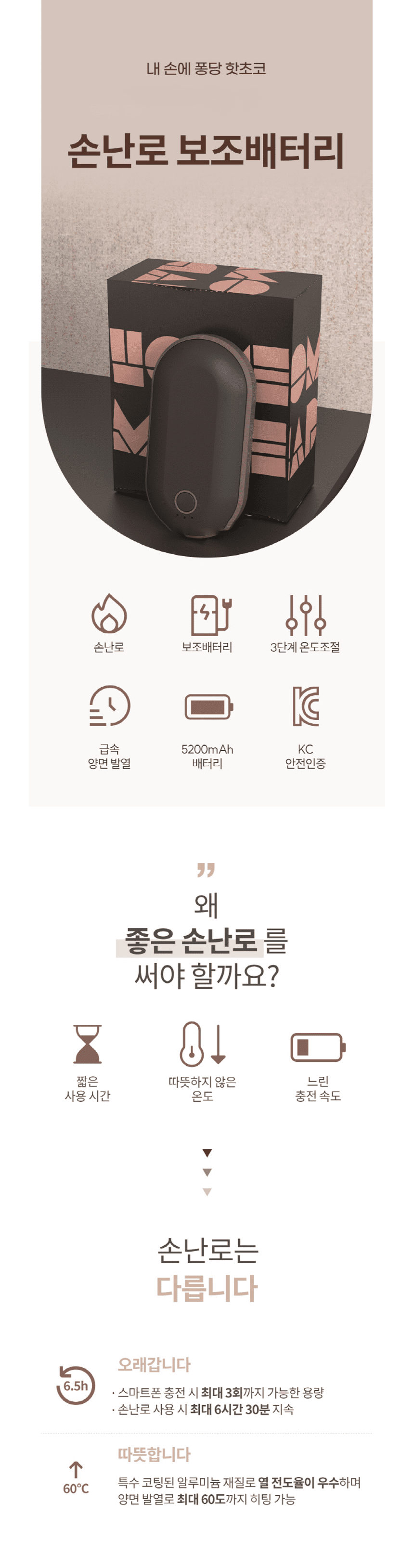 더카인드 USB 충전식 손난로 보조배터리판촉 DCU 5200mAh 상세이미지